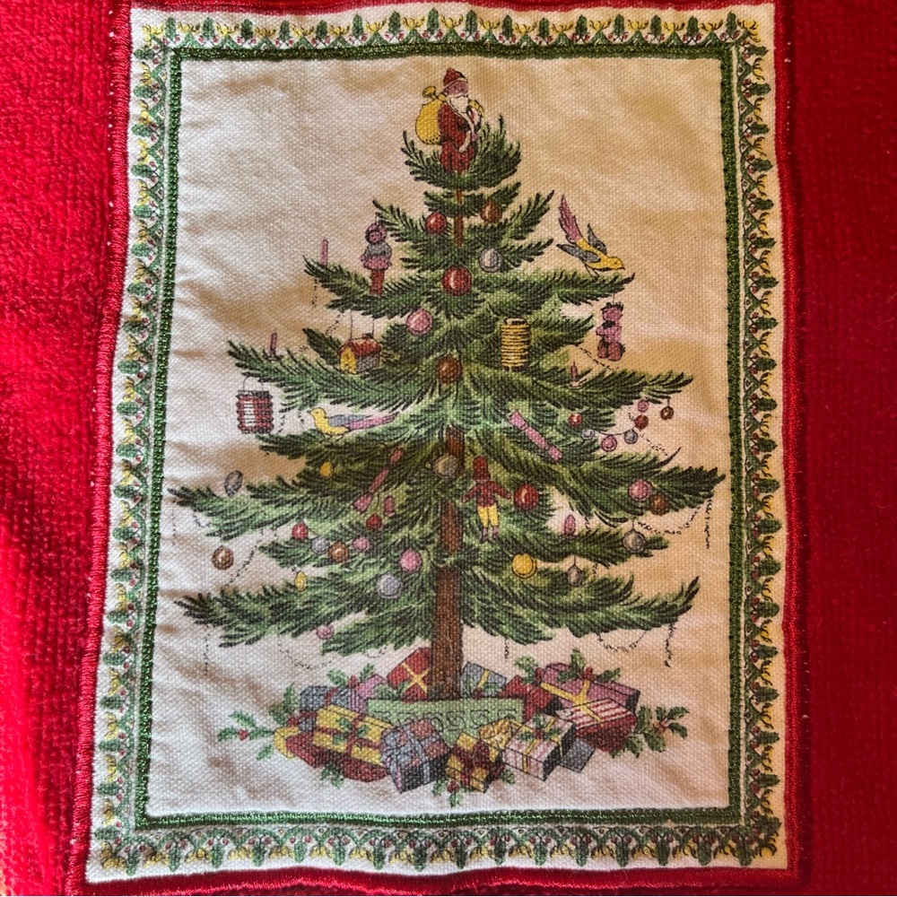 Red Spode Holiday Kitchen Dish Towel with Vintage Santa Claus Christmas Tree